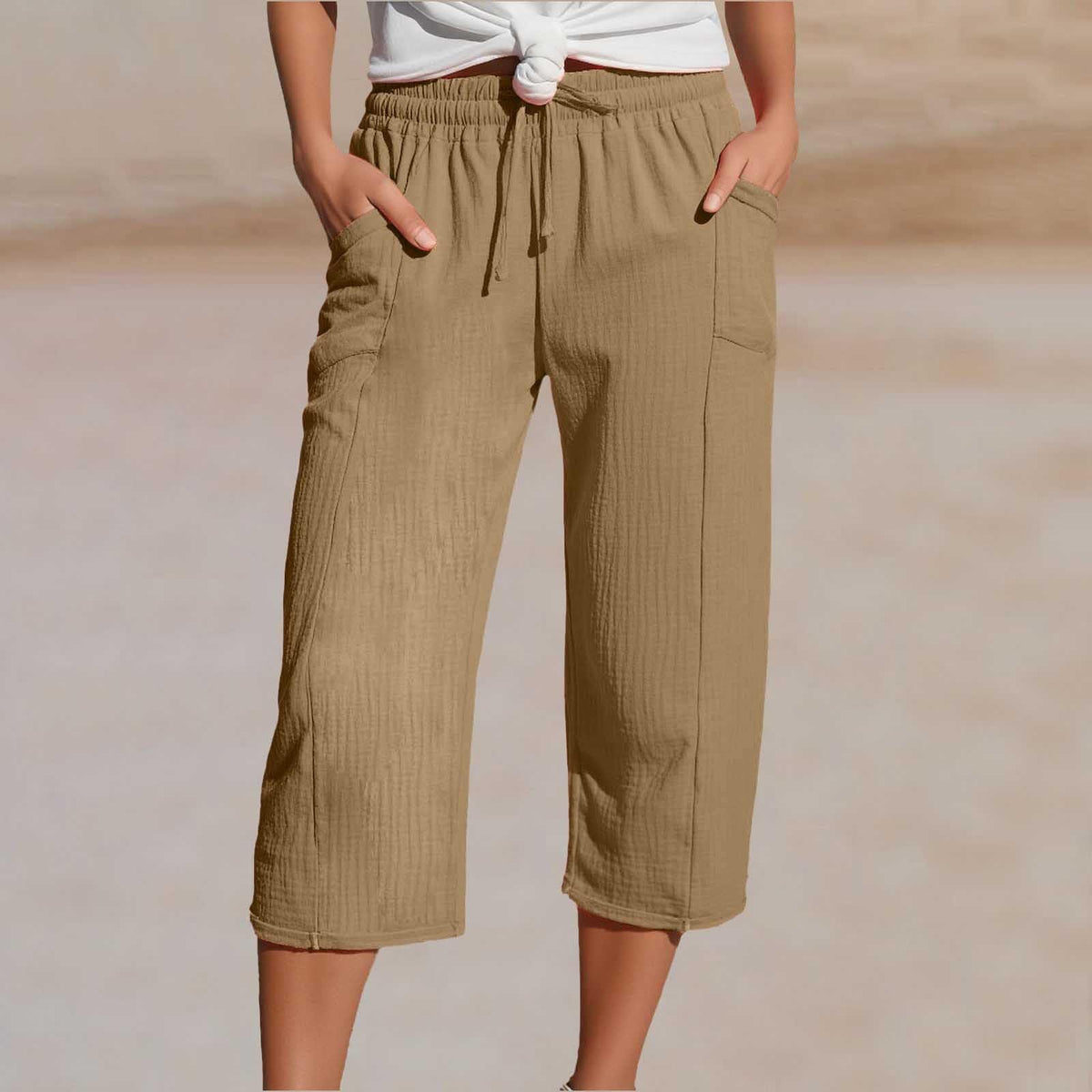 🌸Pantalones cropped plisados de color sólido para mujer, de algodón y lino