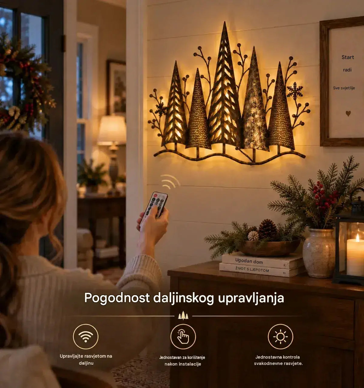 🎄🕯️ Osvijetljena metalna zidna dekoracija sa šumskim motivom i retro štihom 🌙