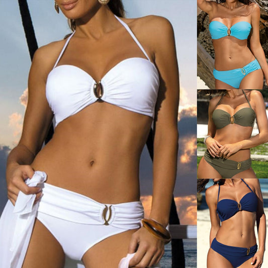 🤍💌[S-XXL] 2025 europski i američki ljetni modni ženski jednobojni bikini💖Metalni ukras, moderan i elegantan, pogodan za zabavne parkove, bazene, plaže
