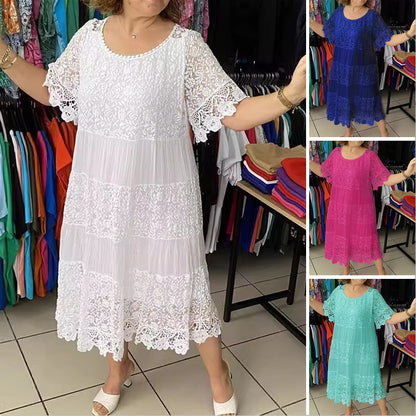 [S-5XL] Nowa koronkowa sukienka z okrągłym dekoltem i krótkim rękawem