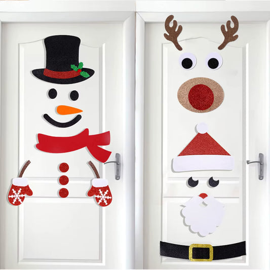 Christmas felt decorations for doors and windows, cartoon snowmen, Santa Claus, and reindeer.