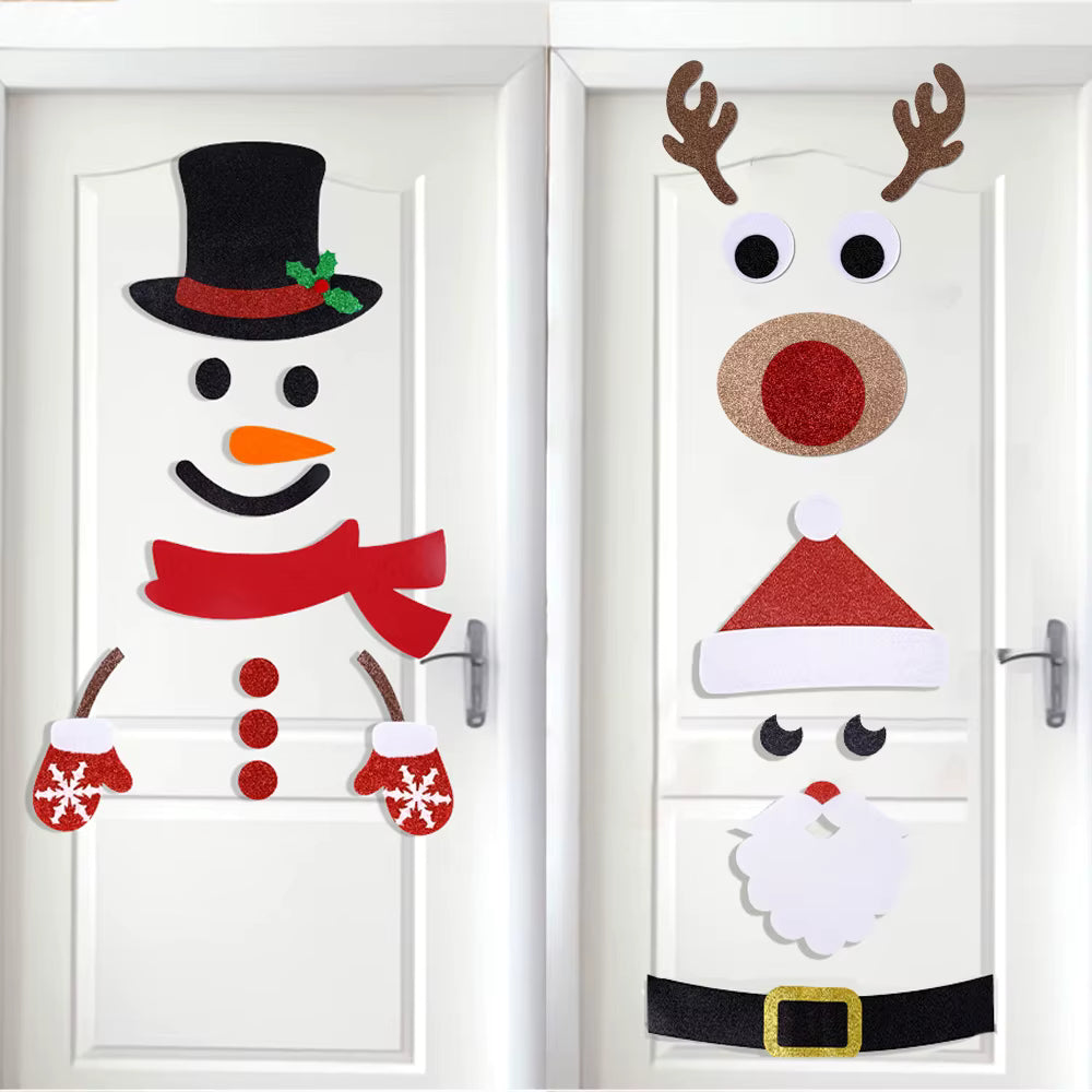 Christmas felt decorations for doors and windows, cartoon snowmen, Santa Claus, and reindeer.