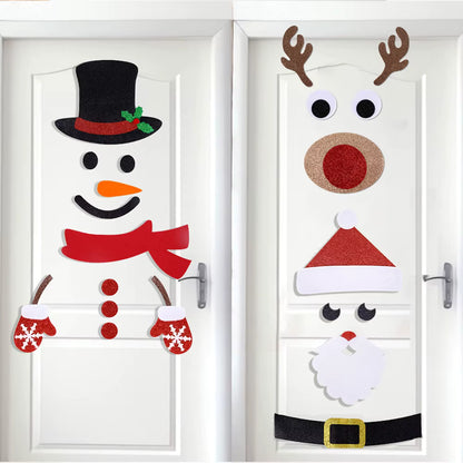 Christmas felt decorations for doors and windows, cartoon snowmen, Santa Claus, and reindeer.