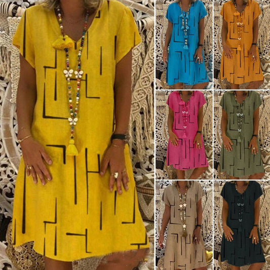 【🏆gorący sprzedawca】👗【S-5XL】Bawełniana sukienka z nadrukiem i dekoltem w kształcie litery V