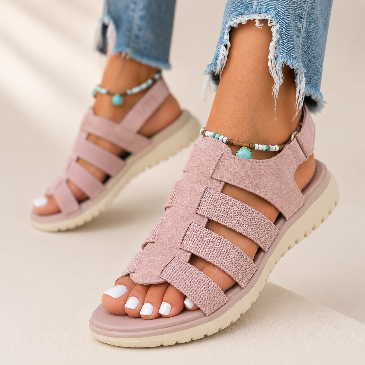 🥿【36-43】Wsparcie łuku stopy, oddychająca, miękka gumowa amortyzacja, płaskie sandały
