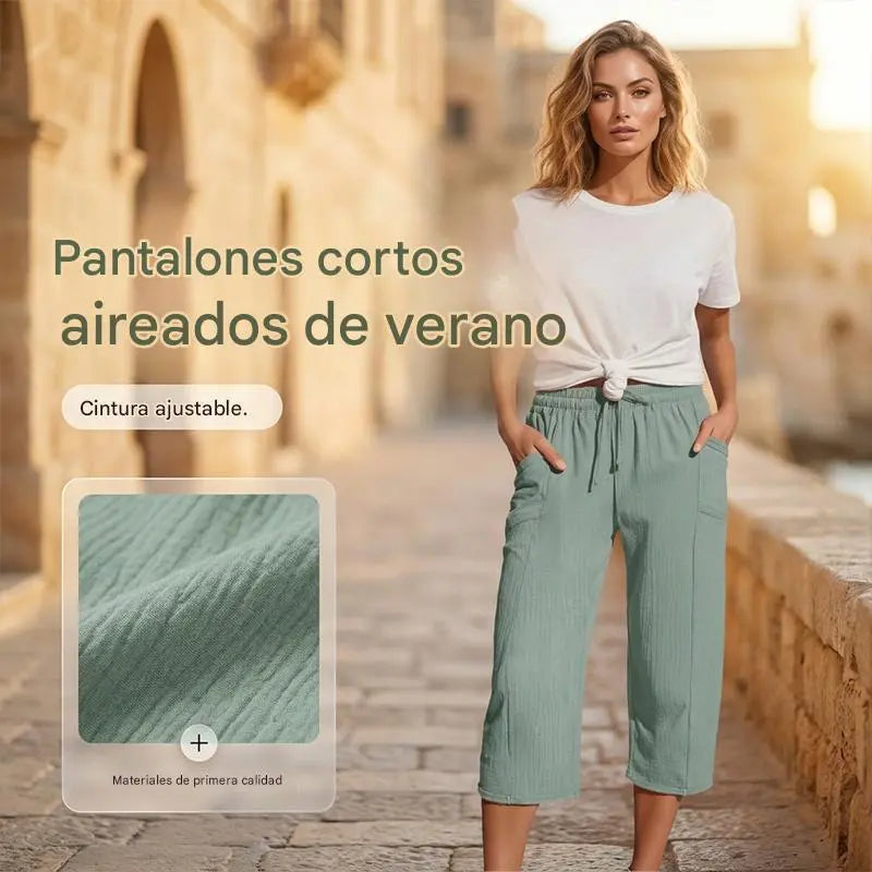 🌸Pantalones cropped plisados de color sólido para mujer, de algodón y lino