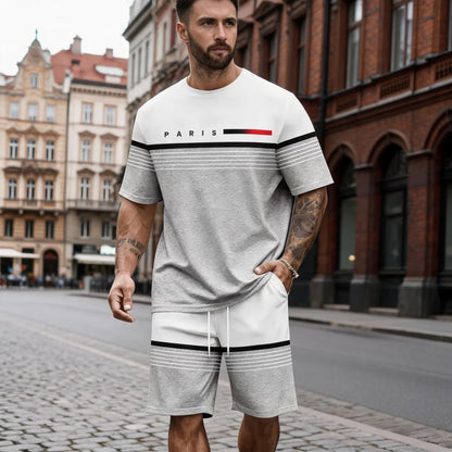 【S-5XL】Męski, swobodny i wygodny komplet składający się z koszuli z krótkim rękawem i spodenek z nadrukowanym napisem.