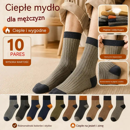 【10 par】【38–47】Nowe, ciepłe, dzianinowe skarpety męskie z blokami kolorów w stylu retro