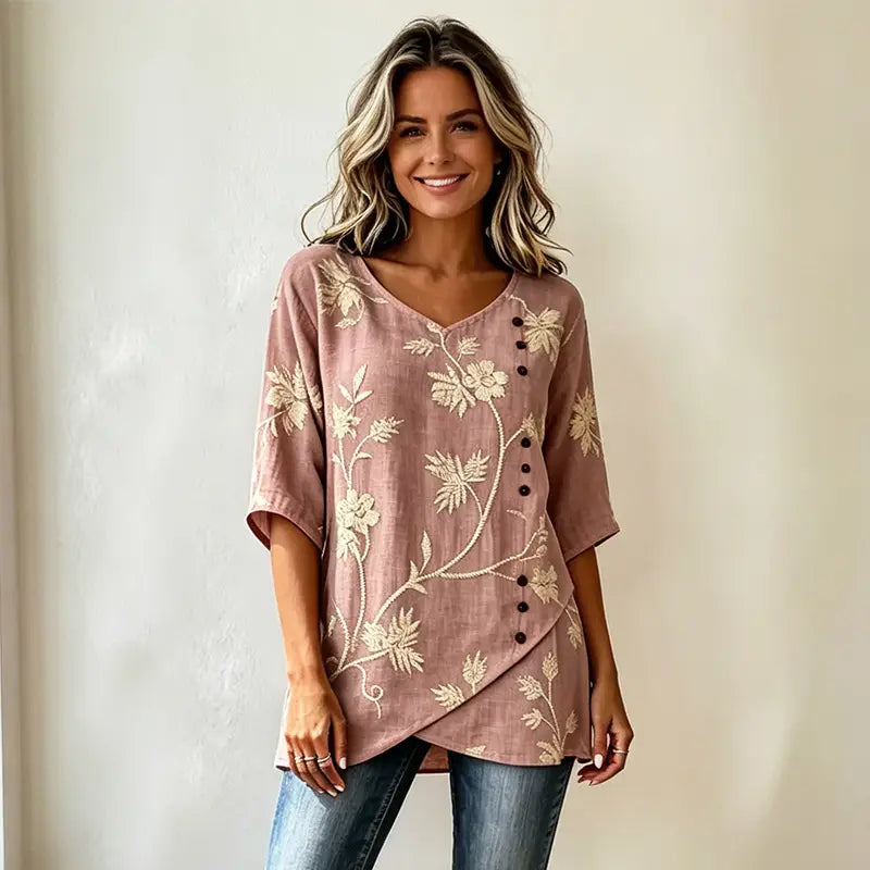 👘[S-3XL] ✨Koszula w stylu vintage z mieszanki lnu i bawełny, haft kwiatowy, dekolt w serek, asymetryczne guziki, przewiewna i miękka tkanina.✨