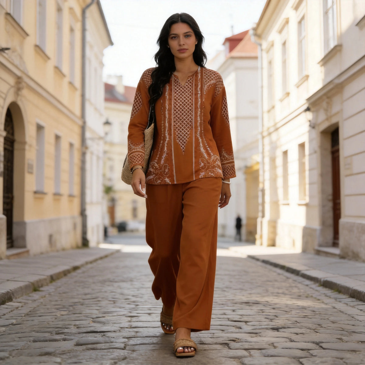 Elegancki damski komplet 2-częściowy: bluzka z nadrukiem w stylu vintage i spodnie z szerokimi nogawkami, miękki, oddychający i swobodny materiał