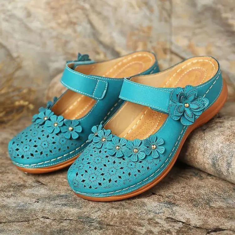 👡【35-43】🙎 Nowe kwiatowe buty jaskiniowe damskie retro płaskie okrągłe palce swobodne kapcie
