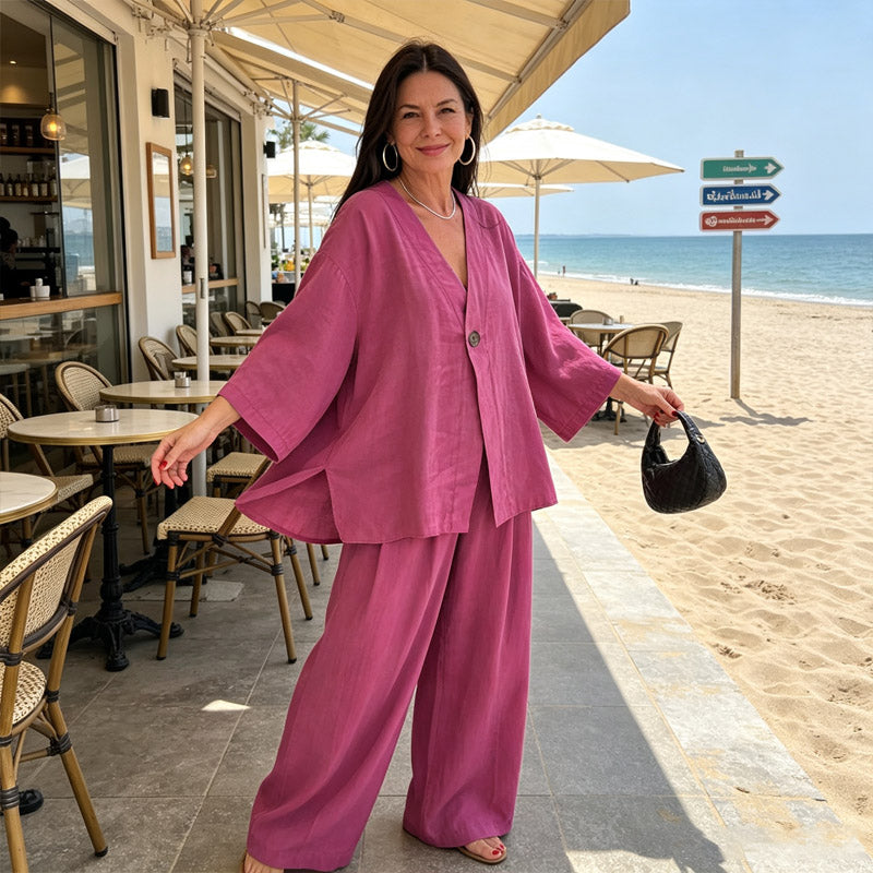 🌟Novedad de verano 2026: Elegante traje casual de mujer con cuello en V y corte holgado【Top + Pantalones de pierna ancha】